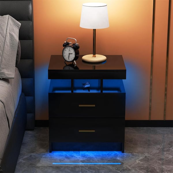 HONEY JOY Black 2-Drawer W Nightstand with High Gloss Top