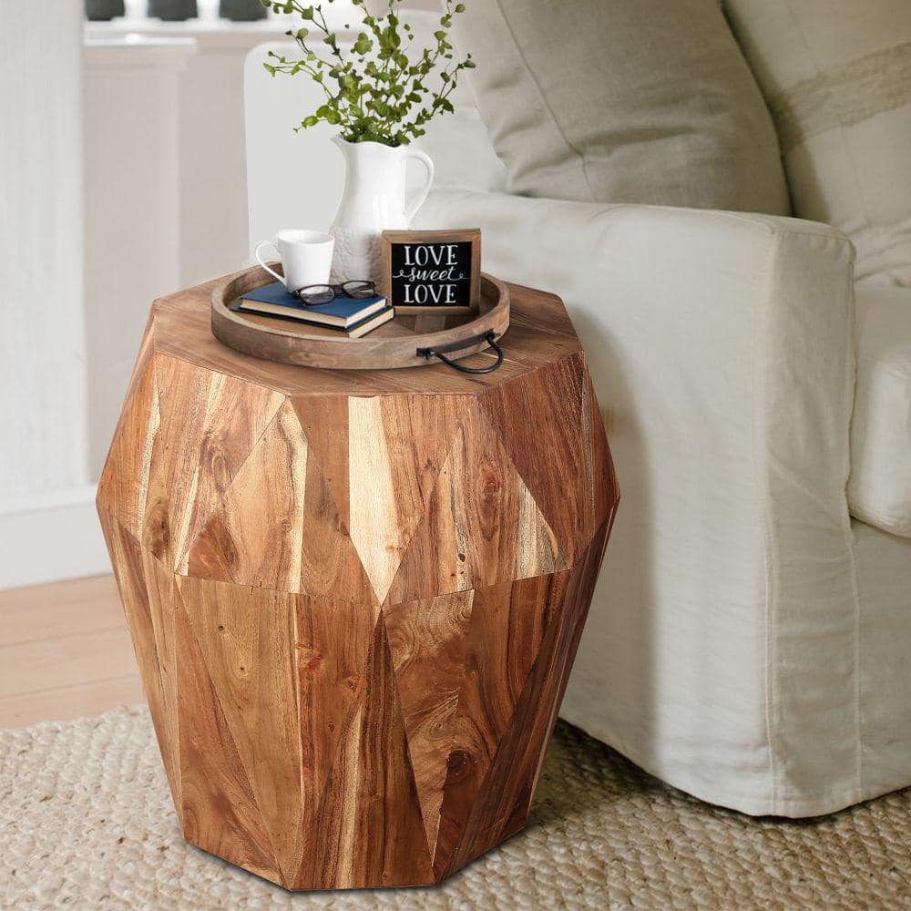 Artisanal Octagon Top Acacia Wood Side Table, Natural Brown