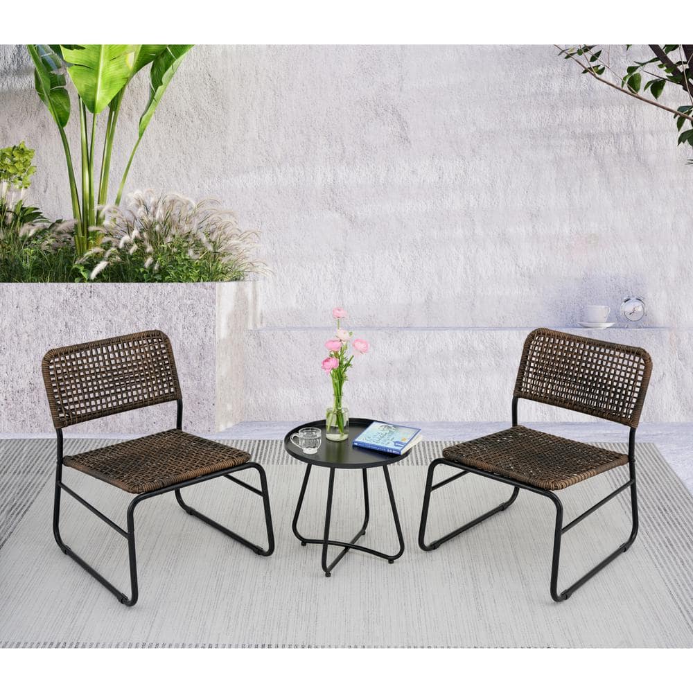 3-Piece Brown PE Rattan Steel Frame Outdoor Lounge Chair with Round Table f