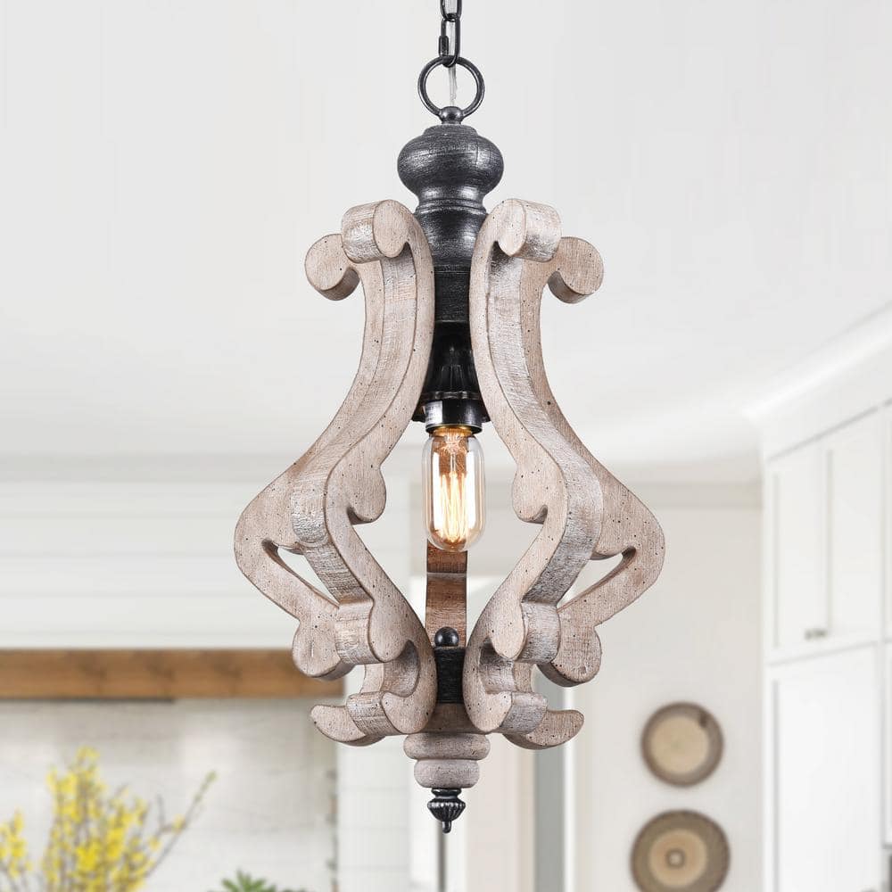 1-Light Weathered Wood Cottage Rustic Wooden Chandelier French Country Kitchen Island Light -  Bella Depot, FC4001-1H