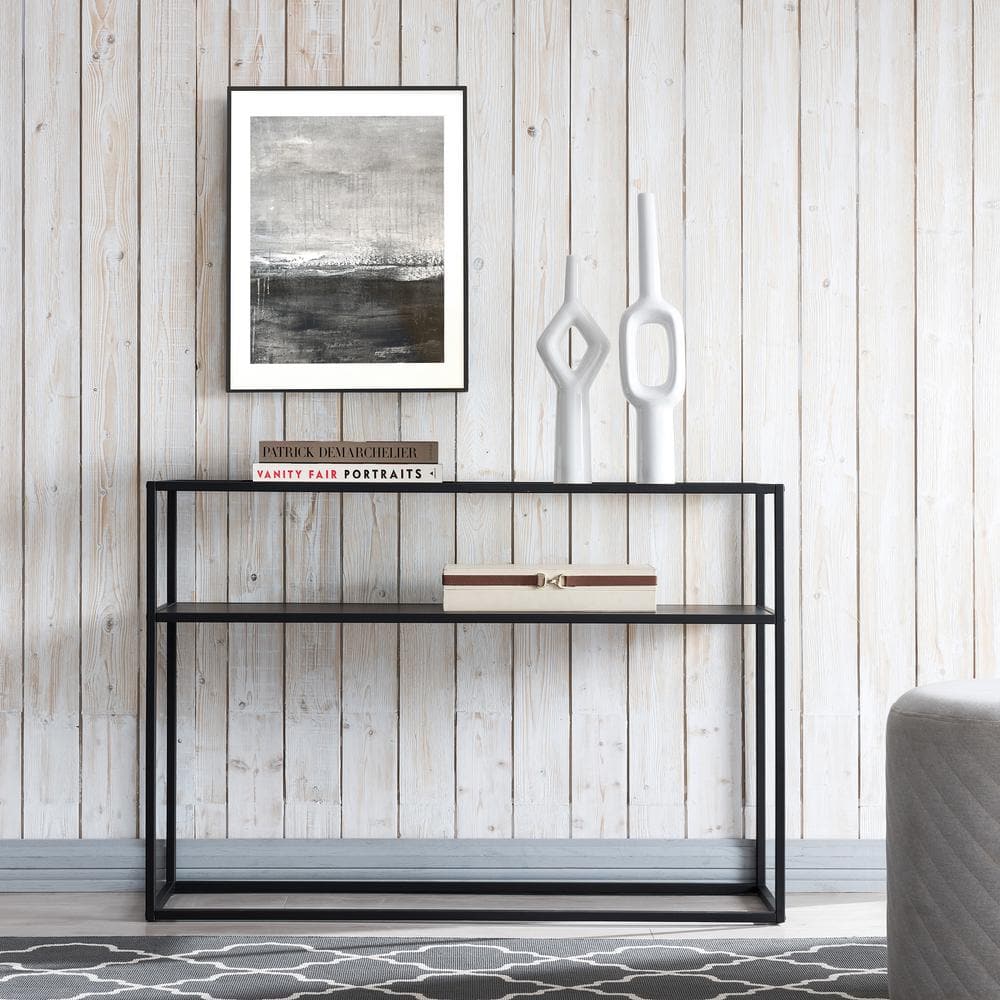 Blackened Bronze Glass Top Console Table with Metal Shelf