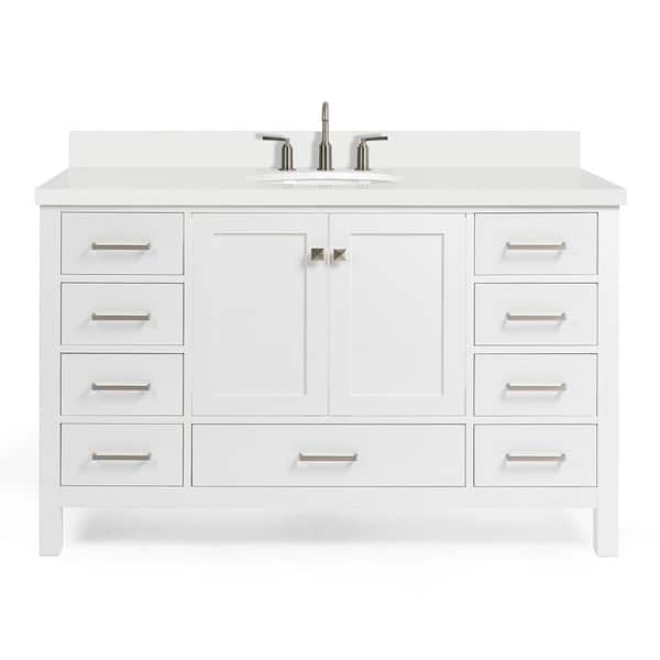 Cambridge 55 in. W x 22 in. D x 36 in. H Vanity in White with Pure White Quartz Top