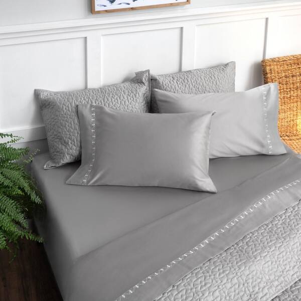 4 Pcs 100% Silky Bed Sheet Set With Pillowcase White Gray Solid King Queen Full