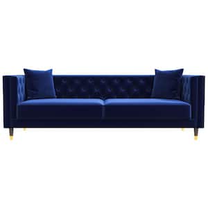 Louise 91 in. W Luxury Modern Square Arm Tufted Velvet Living Room Rectangle Couch in Dark Blue