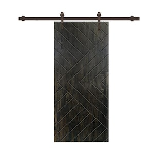Chevron Arrow 30 in. x 96 in. Fully Assembled Charcoal Black Stained Wood Modern Sliding Barn Door with Hardware Kit