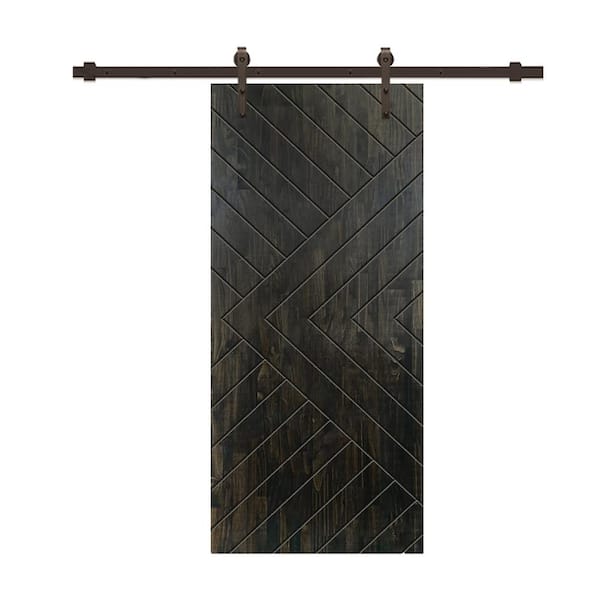 CALHOME Chevron Arrow 40 in. x 80 in. Fully Assembled Charcoal Black Stained Wood Modern Sliding Barn Door with Hardware Kit
