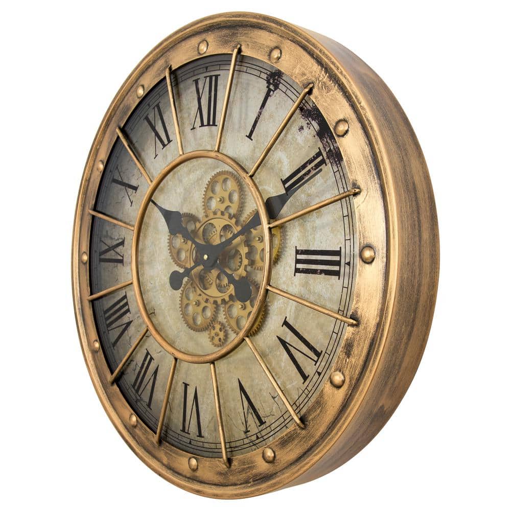 Gilded Gold Round Metal Gear Wall Clock with Roman Numerals