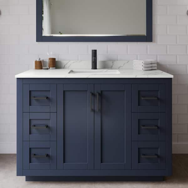 Wyndham Collection Miranda 48 in. W x 22 in. D x 33.75 in. H Single Bath Vanity in Dark Blue with Giotto Quartz Top and 46 in. Mirror