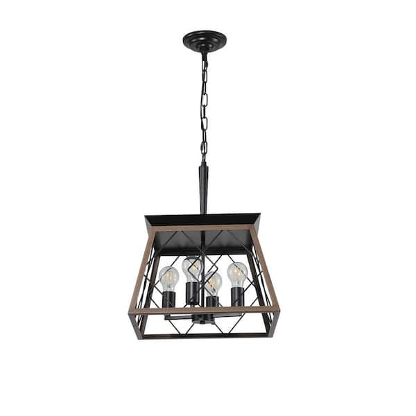 4-Light Walnut+Black Pendant-Adjustable Height, Metal Lighting Fixture with E26 Bulb Compatibility