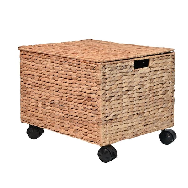 Ashton 18.11 in. x 14.17 in. Farmhouse Metal/Hyacinth Filing Basket with Lid and 360 Degree Lockable Wheels, Natural