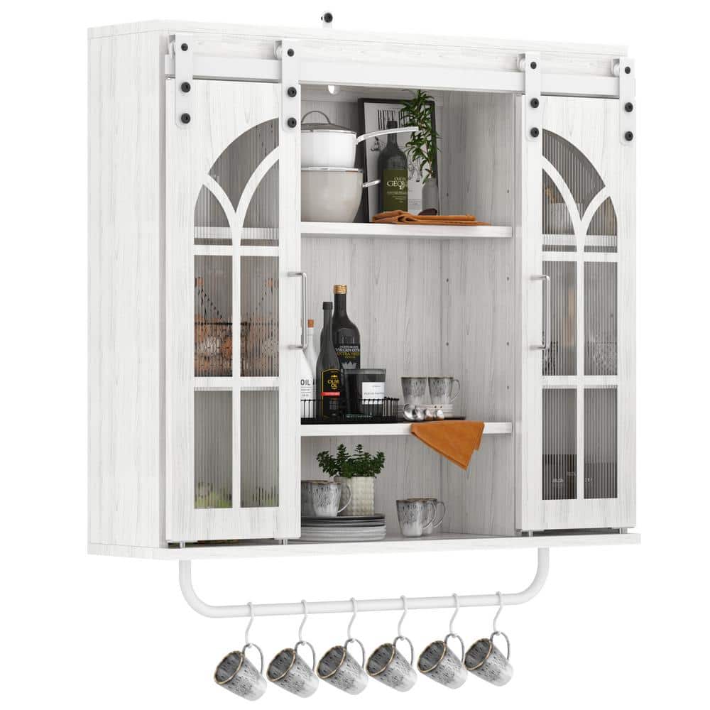 White 27.76 in. H Rustic Wood Wall Storage Cabinet with 2 Sliding Barn Door