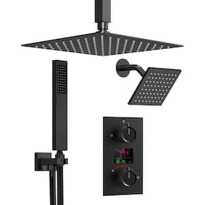 Smart Temperature Shower Kits 3-Spray Dual Ceiling Mount 12 in. Fixed and Handheld Shower Head 2.5 GPM in Matte Black