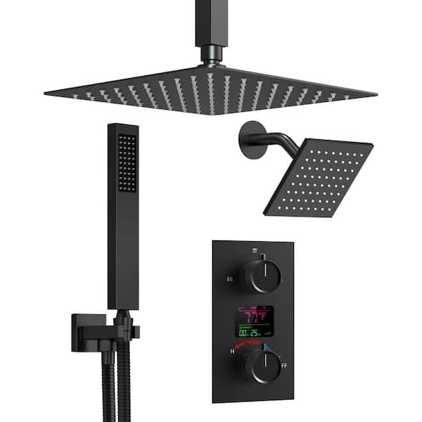 GRANDJOY Smart Temperature Shower Kits 3-Spray Dual Ceiling Mount 12 in. Fixed and Handheld Shower Head 2.5 GPM in Matte Black