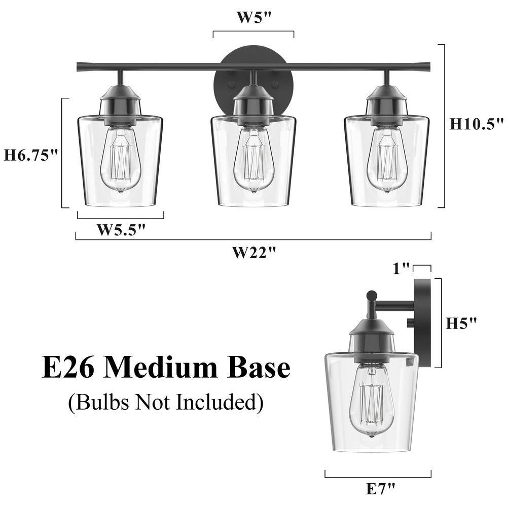 Atish Matte Black 3-Light Bathroom Vanity Fixture with Clear Glass Shades