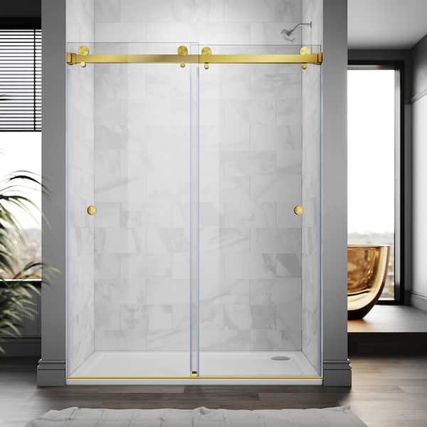 UKD01 61 to 65 in. W x 76 in. H Double Sliding Frameless Shower Door in Satin Brass, EnduroShield 3/8 in. Clear Glass