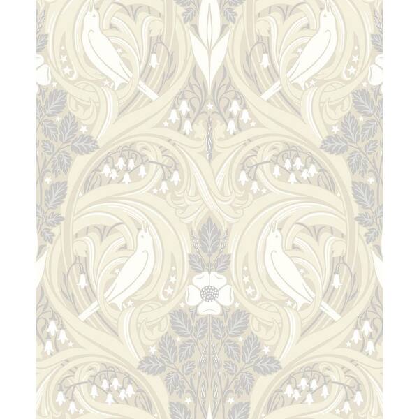 Seabrook Designs 57.5 sq. ft. Swiss Coffee and Grey Bird Scroll Unpasted Nonwoven Wallpaper Roll