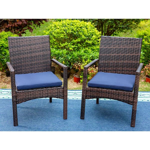 PHI VILLA Black Rattan Metal Patio Outdoor Dining Chair with Blue Cushion (2-Pack)