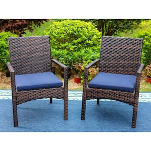Black Rattan Metal Patio Outdoor Dining Chair with Blue Cushion (2-Pack)