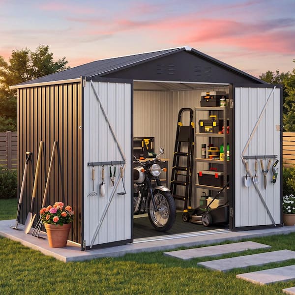 10 ft. W x 12 ft. D Metal Storage Shed with Built-In Floor, Lockable Double Doors & Air Vents (120 sq. ft.) Black