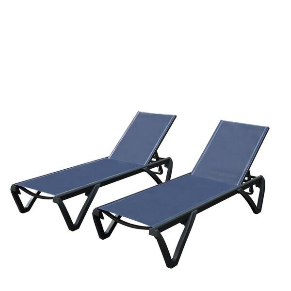 maocao hoom 2-Pieces Aluminum Plastic Patio Chaise Lounge with Side Table and 5-Position Adjustable Backrest and Wheels in Navy Blue