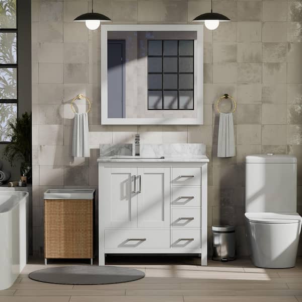 Jacques 36 in. W x 22 in. D Left Offset White Bath Vanity, Carrara Marble Top, Faucet Set, and 34 in. Mirror