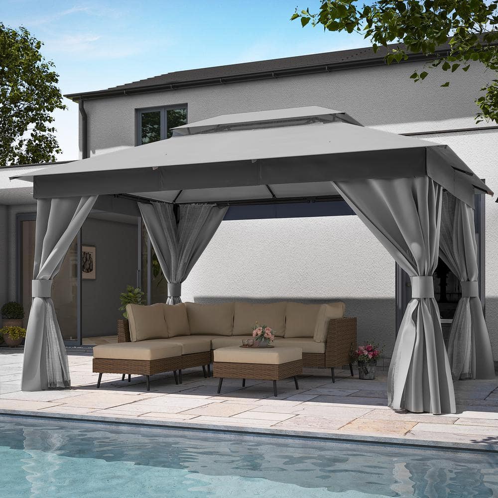 Gray 10'x13' Steel Patio Gazebo with Double Roof and Mosquito Netting