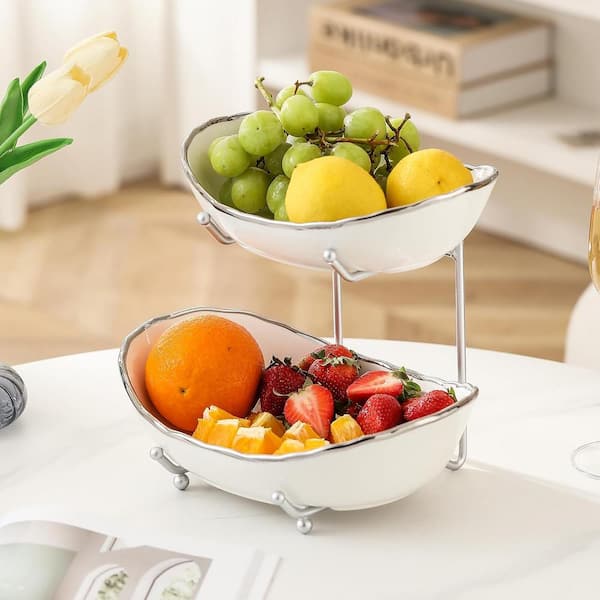 Anqtovp 2-Tier Ceramic Fruit Bowl for Kitchen Countertop and
