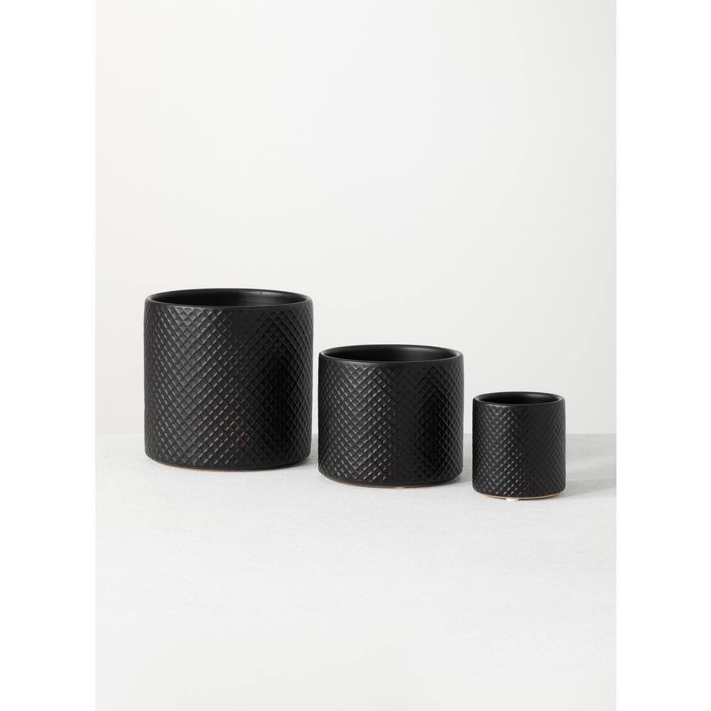 Sleek Modern Black Ceramic Pot Trio, 3"-5.75"H Patterned Exterior