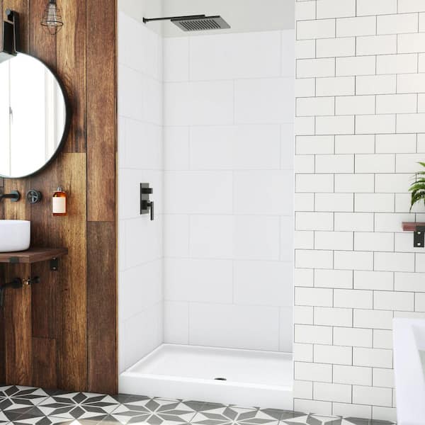 DreamLine DreamStone 34 in. L x 42 in. W x 84 in. H Alcove Shower Kit with Shower Wall and Shower Pan in Traditional White