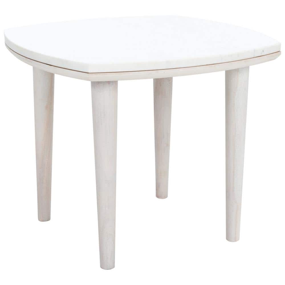 Elegant Round 21" Wood & Stone Side Table in White Wash