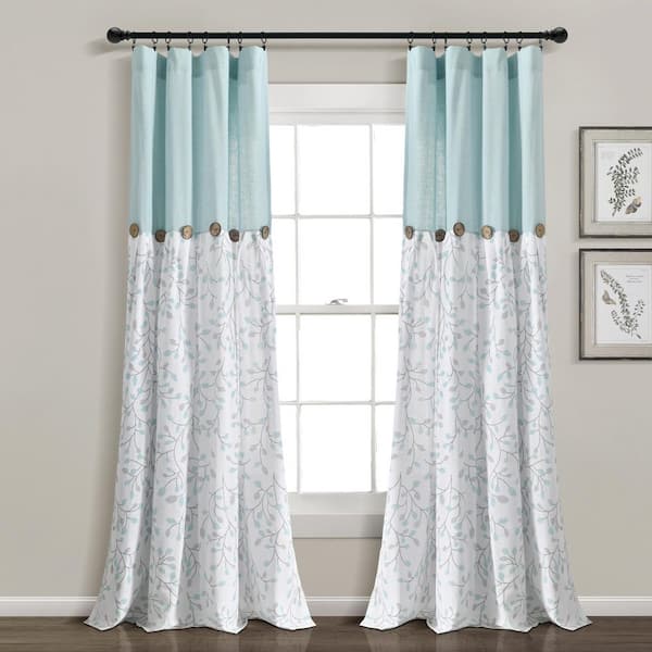 HOMEBOUTIQUE Linen Button 40 in. W x 84 in. L Botanical Garden Light Filtering Window Curtain Panels Blue/Gray Single