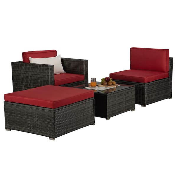 Unbranded Dark Gray 4-Piece Wicker Patio Conversation Sectional Seating Set with Red Cushions
