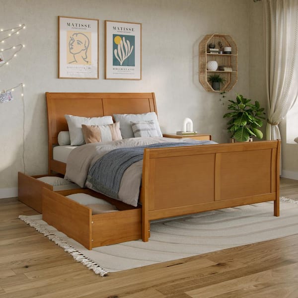 Portland Light Toffee Natural Bronze Solid Wood Frame Full Platform Bed with Matching Footboard and Storage Drawers