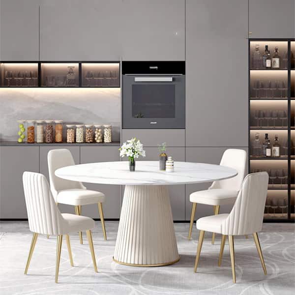 59.05 in. White Circular Rotable Sintered Stone Tabletop White Pedestal Base Kitchen Dining Table (Seats-8)