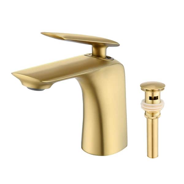 Single Handle Low Arc Single Hole Bathroom Sink Faucet with Pop-up Drain in Brushed Gold