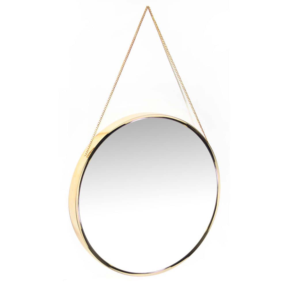 17.5" Round Gold Framed Wall Mirror with Metal Chain