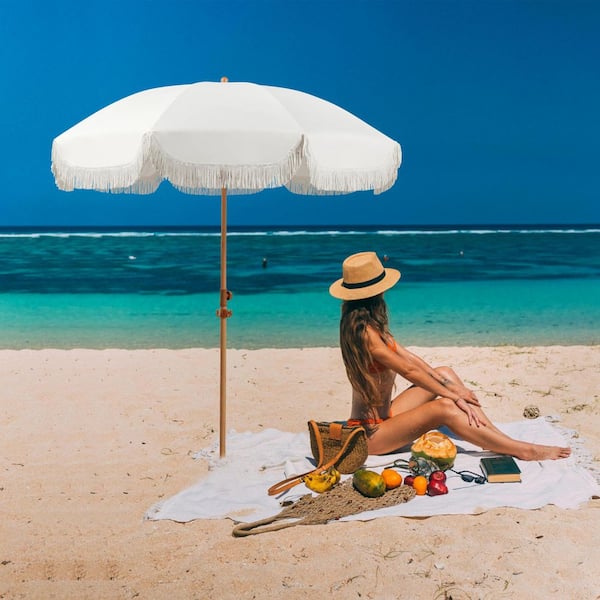 cream fringe patio umbrella OGETFUUR 6.5 ft. Fringe Beach Umbrella in Cream with Hanging Hook and Tilting Aluminum Pole, Patio Umbrella with Fringe