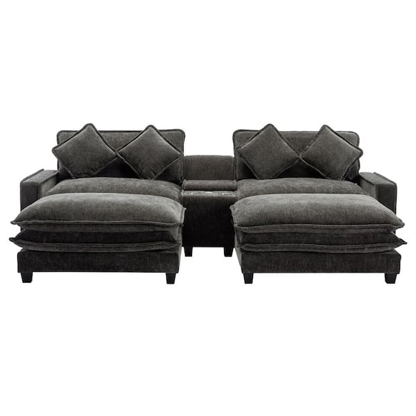 112.6 in. Wide Square Arm Chenille Rectangle Modern Upholstered Removable Ottoman Sofa in Black