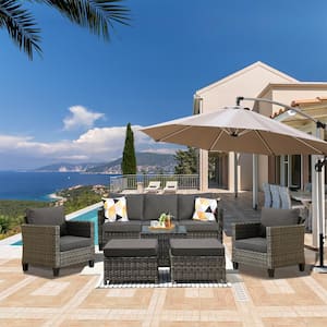 Megon Gray 6-Piece Wicker Outdoor Patio Conversation Seating Set with Black Cushions