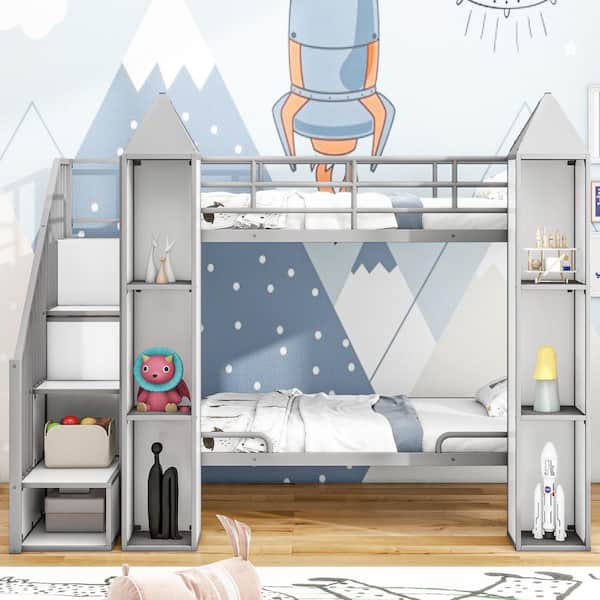 Gray and White Metal Twin Castle Bunk Bed with Wardrobe and Storage
