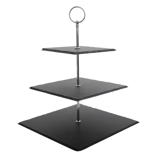 MALACASA 3-Tier Black Natural Slate Cake Stand Afternoon Tea Party Tableware Display Cake Tower Stand Square