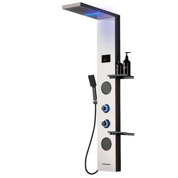 2-Jet Rainfall Shower Panel System with Rainfall Shower Head, Shelf, Tub Spout, and LED Light in Black Nickel