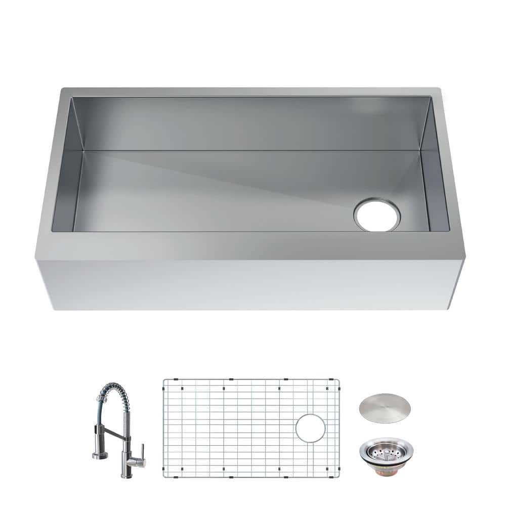 Glacier Bay Zero Radius Farmhouse/Apron-Front 16g Stainless Steel 36 in. Single Bowl Workstation Kitchen Sink with Accessories, Silver