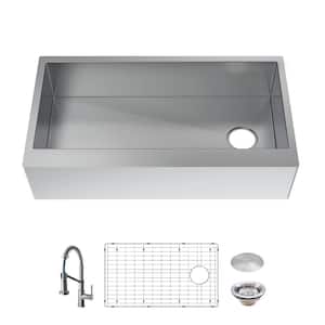 Professional Zero Radius 36 in. Apron-Front Single Bowl 16 Gauge Stainless Steel Workstation Kitchen Sink with Faucet