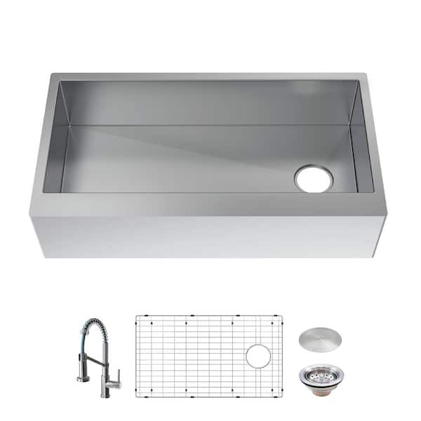 Glacier Bay Professional Zero Radius 36 in. Apron-Front Single Bowl 16 Gauge Stainless Steel Workstation Kitchen Sink with Faucet