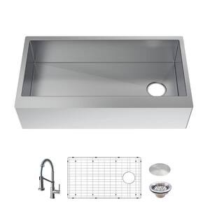 All-in-One Zero Radius Farmhouse/Apron-Front 16G Stainless Steel 36 in. Single Bowl Kitchen Sink with Spring Neck Faucet