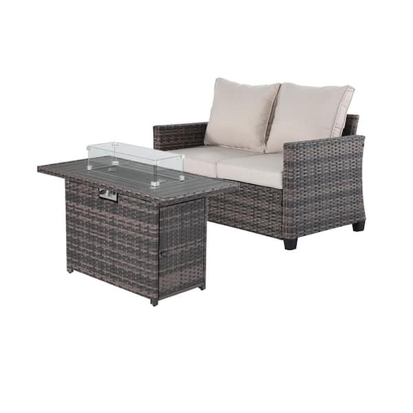 Decksplore Outdoor Loveseat Sofa Beige Cushions with Metal Fire Pit Table