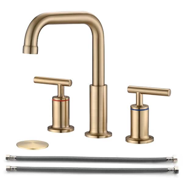 MYCASS SWUP 8 in. Widespread Double-Handle Bathroom Faucet Combo Kit with Drain Assembly Included and Pop Up in Brushed Gold