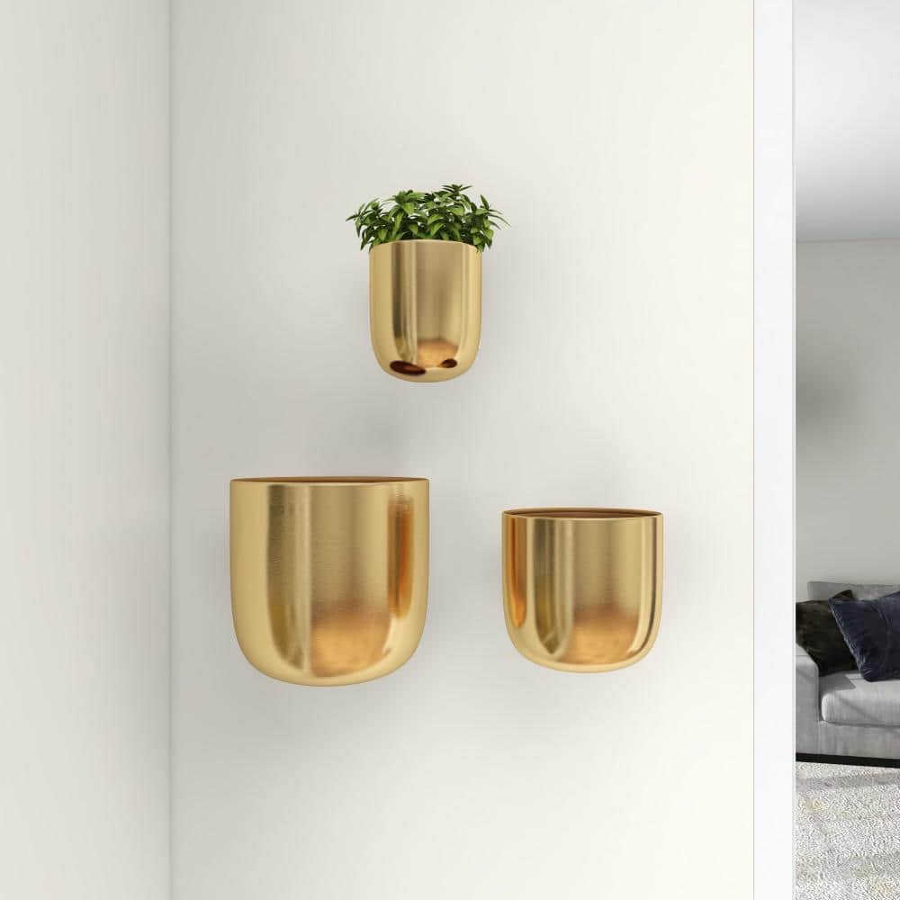 Gold Iron Indoor Outdoor Round Wall Planter Set of 3