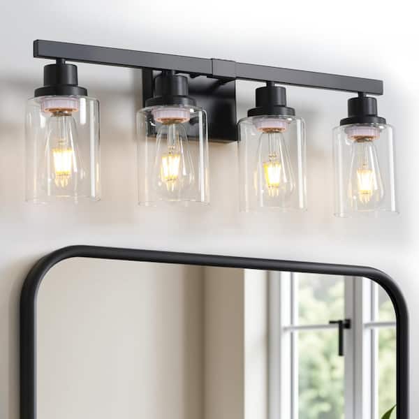 23.6 in. 4-Light Black Farmhouse LED Vanity Light Fixture with Glass Shade Rustic Bathroom Sconce (No Bulbs)